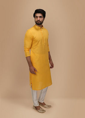 Yellow Self Design Kurta Pajama image number 0